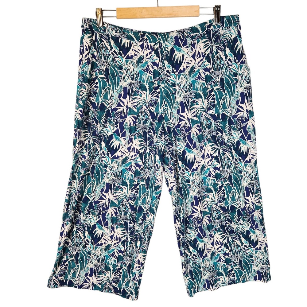 J. Jill Wearever Crop Pants L Petite Blue Tropical Palm Bird Wide Leg Pull On